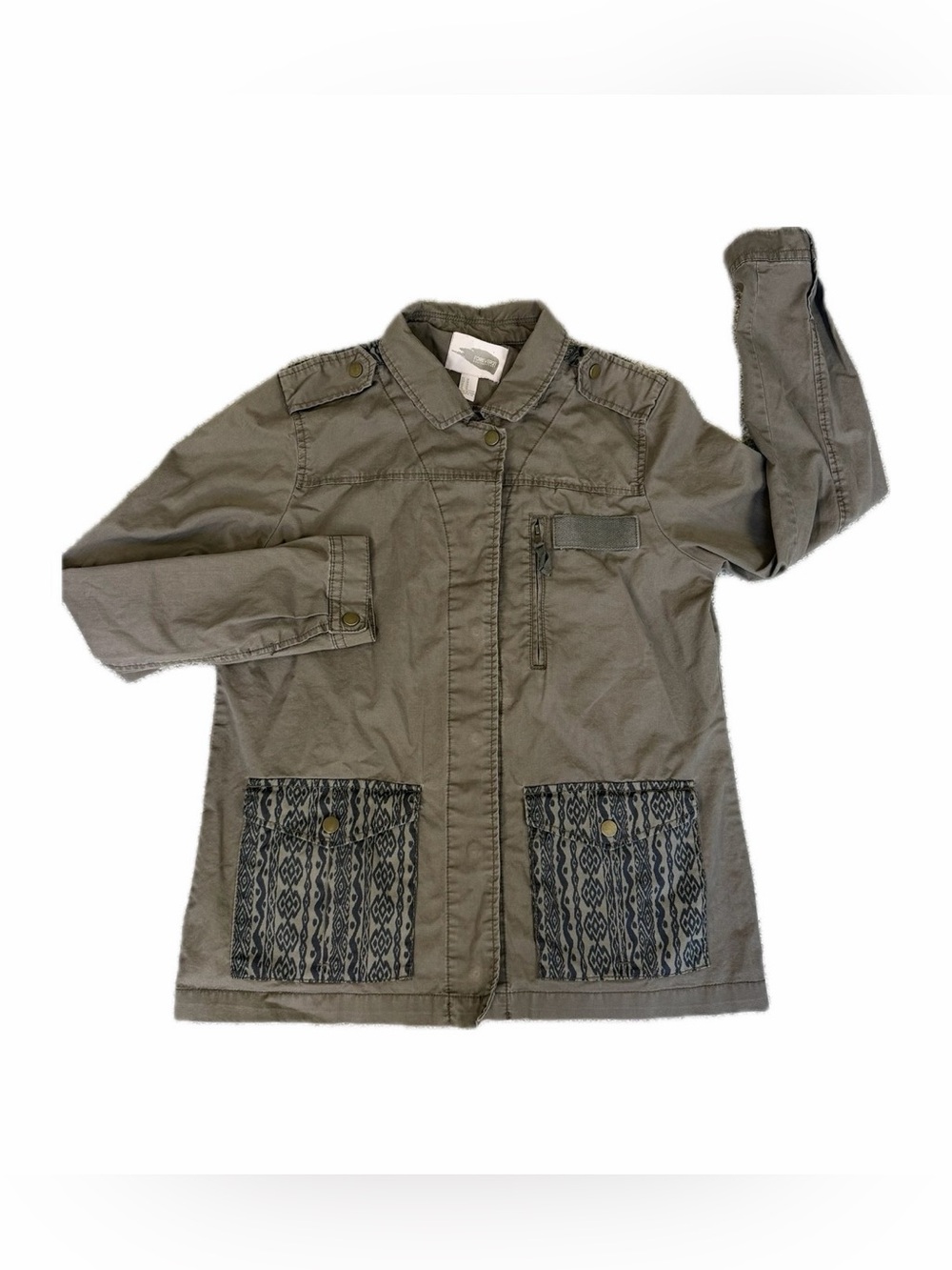 Forever 21 Womens Army Utility Jacket Olive Green Ikat Pocket Military Shirt M